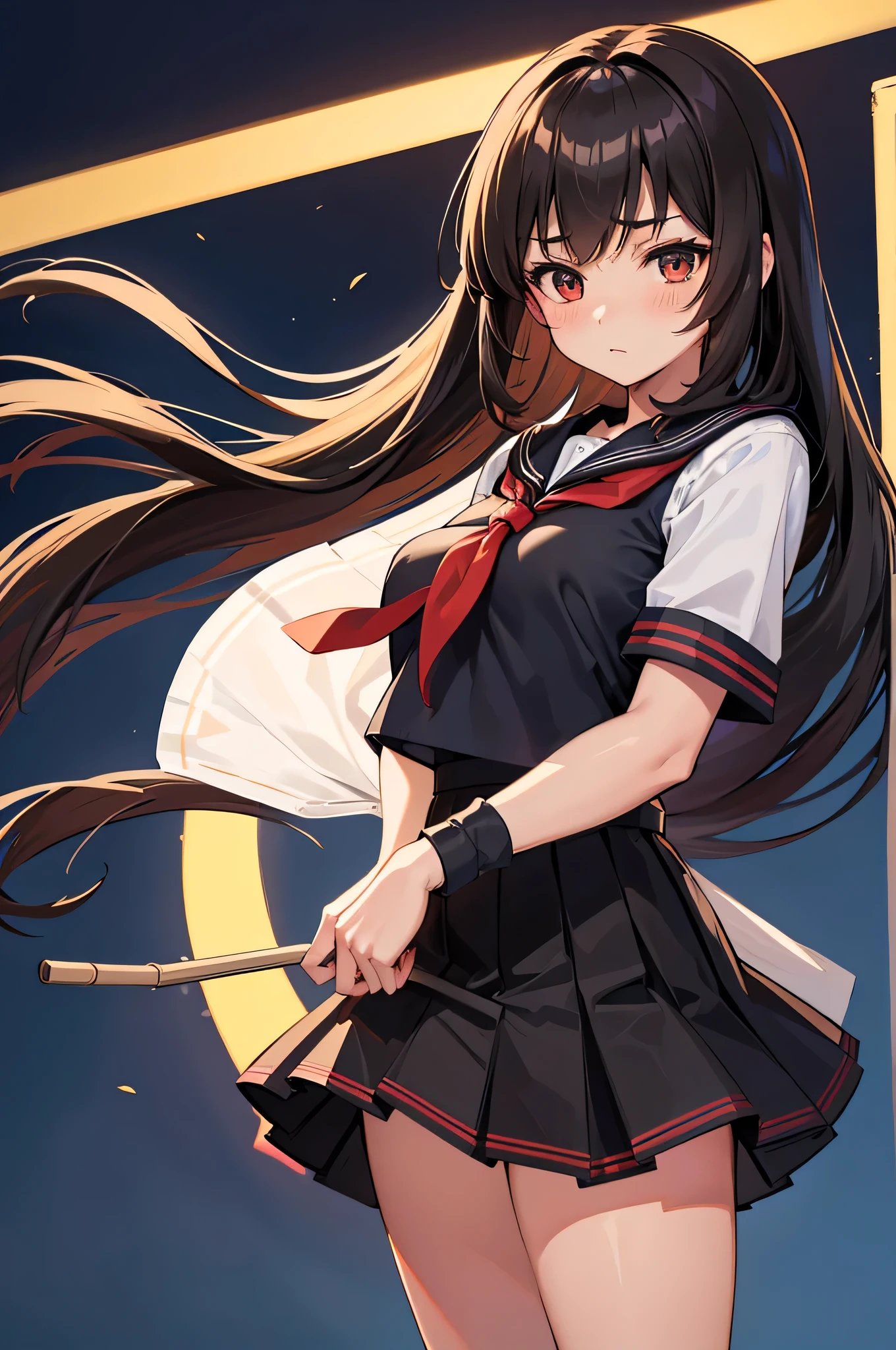 an anime character with long brown tresses and a short skirt in sailor open outfit, holding a bow and arrow, 1girl, solo, sexy short school uniform, sexy serafuku, long hair, black hair, cowboy skirt, looking at viewer, white background, simple background, black serafuku, pleated skirt, blush, low back angle