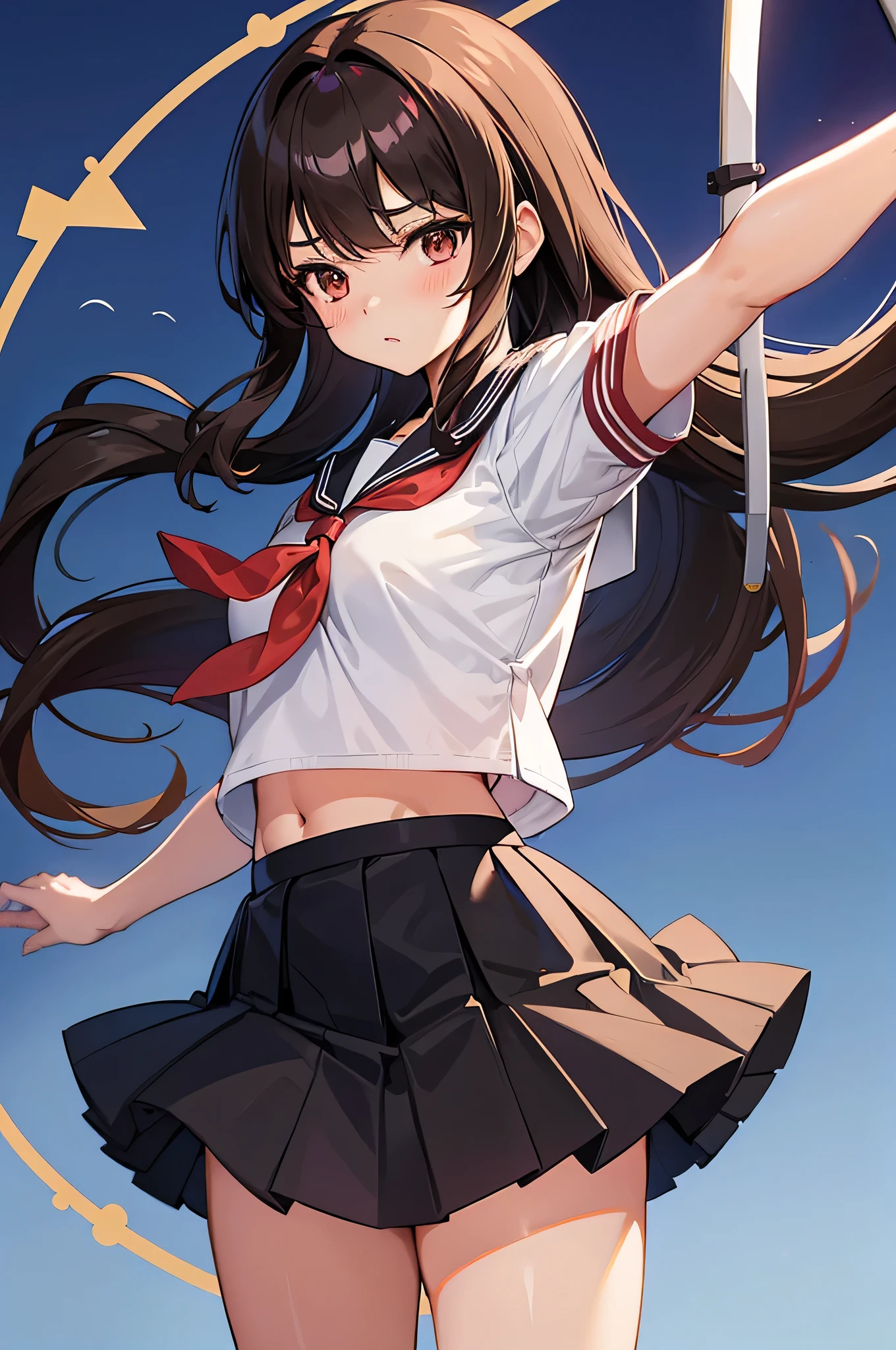 an anime character with long brown tresses and a short skirt in sailor open outfit, holding a bow and arrow, 1girl, solo, sexy short school uniform, sexy serafuku, long hair, black hair, cowboy skirt, looking at viewer, white background, simple background, black serafuku, pleated skirt, blush, low back angle