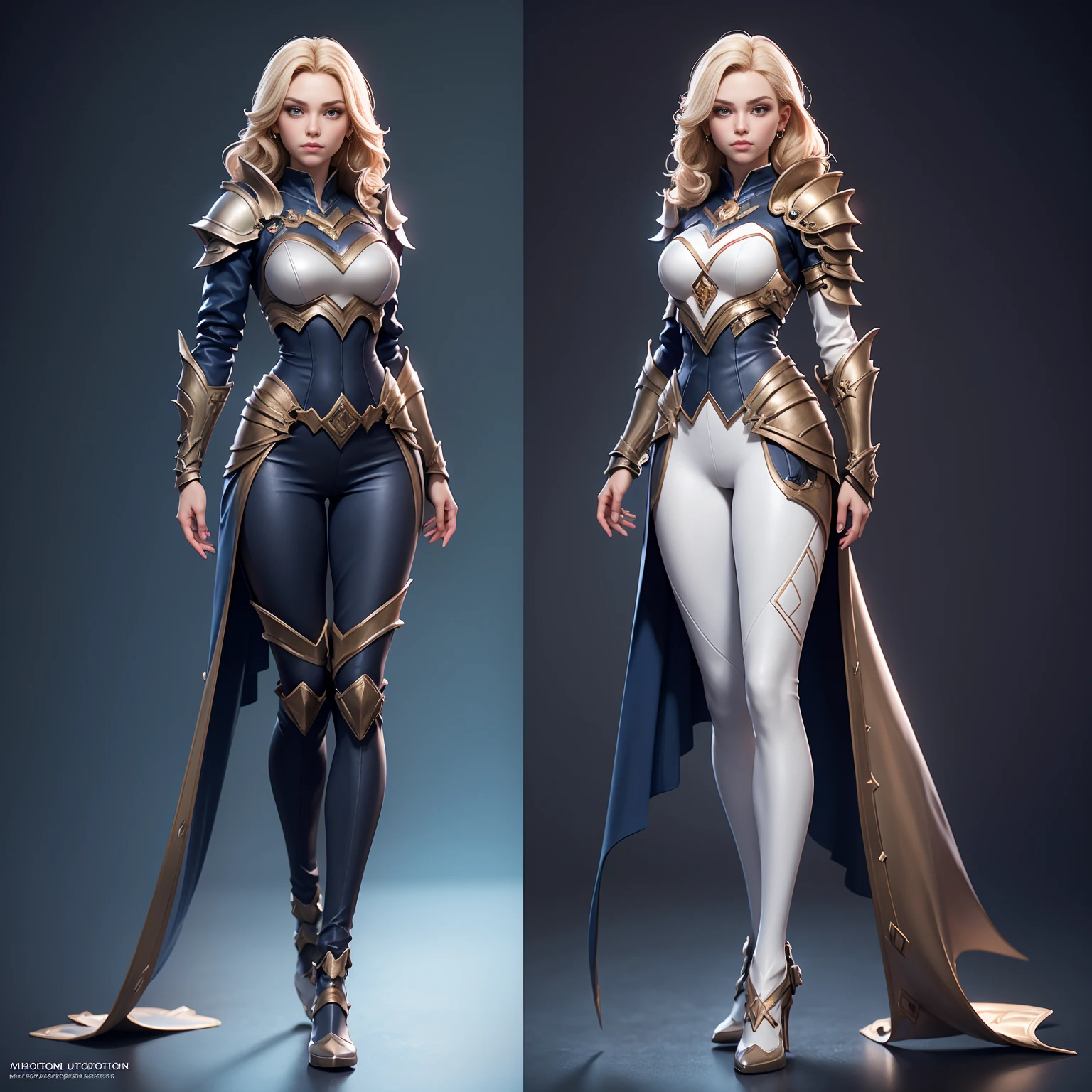 ((Full body photo,standing, feet on the ground)) Blonde-haired woman with bright blue eyes, she has an athletic and graceful appearance, with an average height and a slender figure, her blonde hair falls in soft waves, reaching her shoulders.she wears a set of lightweight and elegant armor, consisting of fitted leggings and a tunic that provides mobility without compromising protection.
Her armor has a predominantly blue color scheme, with silver and white details, reflecting her identity as a just heroine, masterpiece, best quality, high quality, extremely detailed CG unity 8k wallpaper, oil painting, award winning photography, bokeh, depth of field , HDR, bloom, chromatic aberration, photorealism, very detailed, trending on artstation, trending on CGsociety, intricate, high detail, dramatic