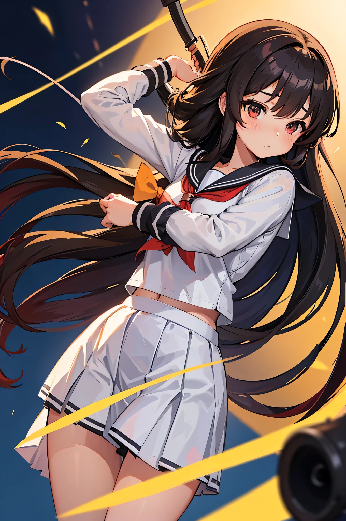 an anime character with long brown tresses and a short skirt in sailor open outfit, holding a bow and arrow, 1girl, solo, sexy short school uniform, sexy serafuku, long hair, black hair, cowboy skirt, looking at viewer, white background, simple background, black serafuku, pleated skirt, blush, low back angle