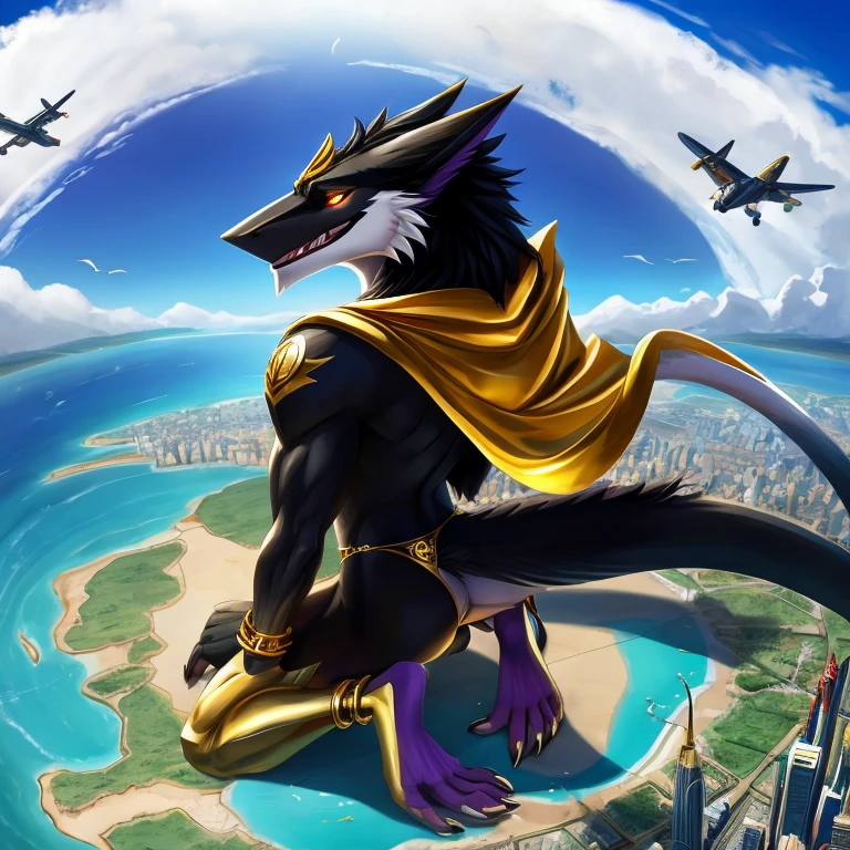 A giga giant, furry and slim anthropomorphic sergal with black fur that has gold markings, purple glowing eyes and short messy black hair wearing a gold cape, a gold chain thong with a giant bulge, gold shoulder bracelets, gold earrings, gold rings, gold anklets, gold toe rings and a caesear wreath on his head kneeling over an entire continent on earth ans multiple tiny modern day cities in a sexy way on a sunny day with a tiny continent in the background, A tiny plane flies past his face and the ground cracked under his gigantic body, but the sergal doesn't seem to care.