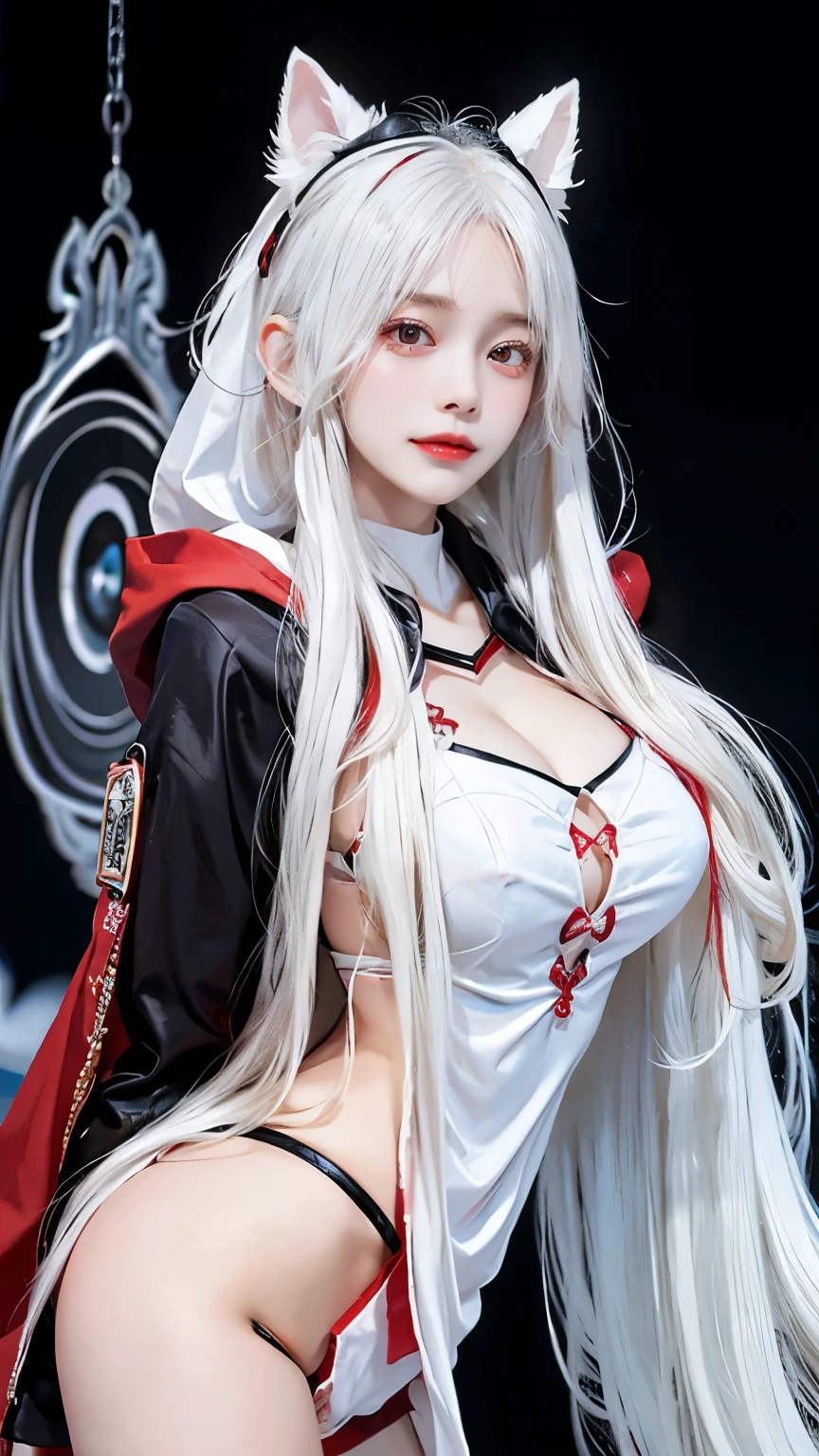 Long white hair - Red eyes - Black hair accessory - Hoodie - Elegant - Mysterious - Less revealing - Modest - Unique - Smiling face - Attractive - Presence