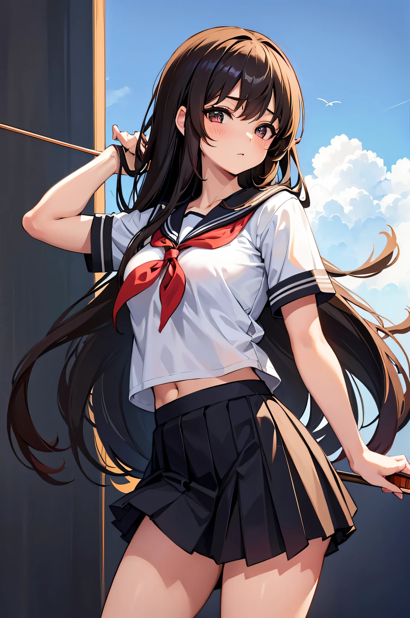 an anime character with long brown tresses and a short skirt in sailor open outfit, holding a bow and arrow, 1girl, solo, sexy short school uniform, sexy serafuku, long hair, black hair, cowboy skirt, looking at viewer, white background, simple background, black serafuku, pleated skirt, blush, low back angle, uncensored,50% nude