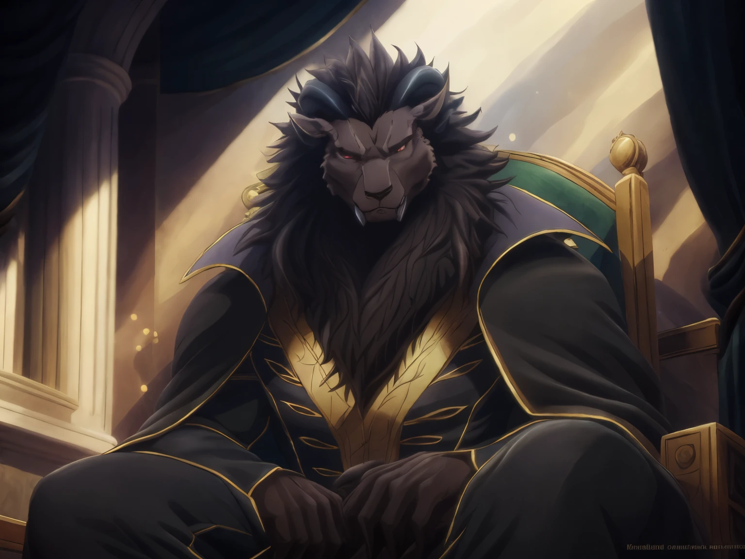 (highest quality, 32K High resolution:1.2, Very detailed, Realistic, photoRealistic, masterpiece,) Official Art, The Sacrificed Princess and the King of Beasts, Full Body View, Looking at the audience, male, good looking, Majestic Beast, Dark sienna brown fur, Black Mane, Majestic King, King Leonhard, Muscular body, Crimson Eyes, Severe look , Small ears, Curved black horns, Long upper jaw crab teeth, Wearing royal robes, Niehime kemono ou, (detailed Realistic image:1.3), (Fine grain, Beautiful and expressive eyes:1), (hyper Realistic fur:1.2), (Fur with attention to detail:1. ( Detailed face:1) Low Light: 1.2) masterpiece, highest quality, ultra Realistic ( 8k, 超High resolution, Beautiful light and shadow, Detailed faceの描写, highest quality, masterpiece, Ultra high definition, Official Art, Super detailed, Deep Shadow, Dynamic Shadows, High resolution, Profound, utra Fur with attention to detail, Maximum concentration, Depth of written boundary, Perfect lighting, Lightest particle quality, Super-detailed body, Cinematic, Sharp focus, Correct Anatomy, Right hand, The right move, Five fingers, Right Head, Detailed Background), (Beautiful carriage, Leonhart is sitting in a carriage, Leonhart is sitting by the window of the carriage., Looking at the audience, Severe)