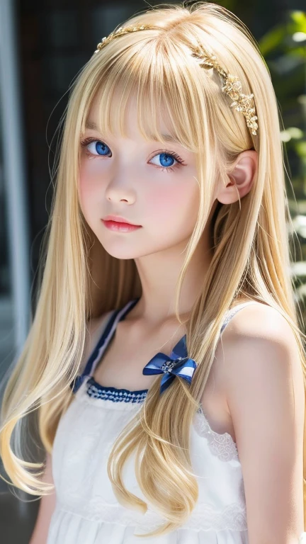 1 girl, The sweetest girl、helles Aussehen、sehr unordentliches blondes Haar, Blondes Haar schwebt、Ihr heller Glanz, super lang, glattes blondes Haar besticht durch seinen goldenen Glanz.、very beautiful super lang shiny blonde hair、Very beautiful sweet face、radiantly beautiful skin、Allein、super high quality、harter Fokus、Filmkorn、ultra high resolution、Meisterwerk、Big eyes with sparkling, liebevoll detailliertem, kristallklarem, blassem Hellblau、rundes Gesicht、Beauty in the small face、Young shiny cheeks、Very nice long messy bangs over the eyes