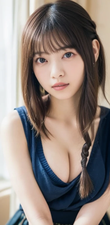 masterpiece、highest quality、8k,Ultra-high resolution、RAW Photos、Ultra-high resolution、日本people々々、beautiful girl、1people、woman, (Flower Hair Ornaments,Braided top knot,Twisted Side Part Ponytail Braided Headband,Half Up、Braided Space Van,Voluminous fishtail braid,Twisted pan),(Asymmetrical bangs)、 (Ultra-realistic),Round face、 Beautiful and beautiful eyes, Lifted eyes、Big eyes、double eyelid、Thin eyebrows、Red around the eyes、dolly make、Thin lips, (Loose see-through blouse(beige color))、(knit micro mini skirt(Navy blue)), A kind smile, Professional photography, Cinematic Light, (Very beautiful face: 1.2),(Large Breasts:1.4)、Cleavage、Voluptuous thighs、Head to knee photo