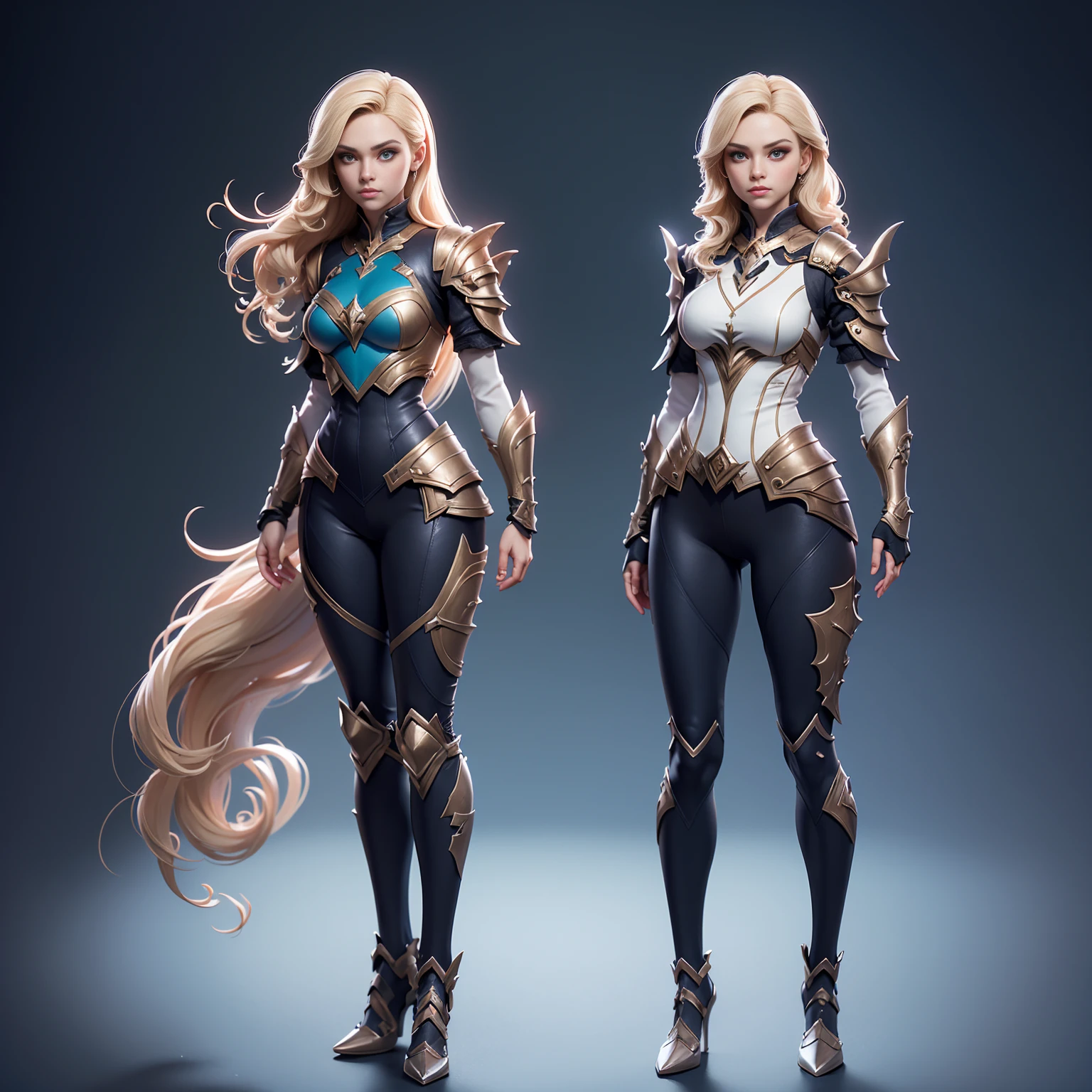 ((Full body photo,standing, feet on the ground)) ((dynamic pose)) Blonde-haired woman with bright blue eyes, she has an athletic and graceful appearance, with an average height and a slender figure, her blonde hair falls in soft waves, reaching her shoulders.she wears a set of lightweight and elegant armor, consisting of fitted leggings and a tunic that provides mobility without compromising protection.
Her armor has a predominantly blue color scheme, with silver and white details, reflecting her identity as a just heroine, masterpiece, best quality, high quality, extremely detailed CG unity 8k wallpaper, oil painting, award winning photography, bokeh, depth of field , HDR, bloom, chromatic aberration, photorealism, very detailed, trending on artstation, trending on CGsociety, intricate, high detail, dramatic