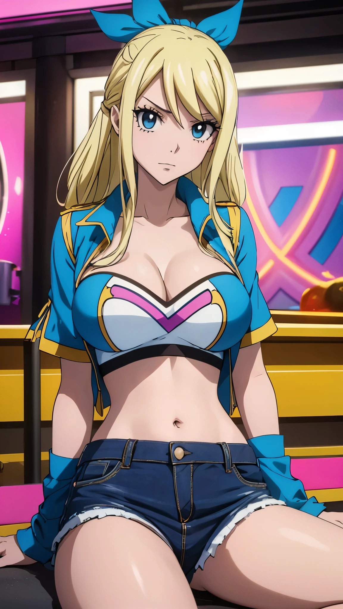 (best quality,highres:1.2),ultra-detailed,realistic,photorealistic:1.37,a beautiful girl (Lucy Heartfillia from Fairy Tail) model in a pop style,18 years old,long legs,medium breasts,extremely detailed face (with emphasis on azure eyes),wearing tight-fitting clothes (exposing the stomach),sitting in a perfect split pose,illustration,colorful pop art style,dynamic lighting,neon colors