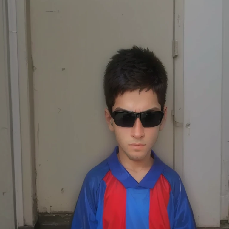 there is a young boy wearing sunglasses and a blue shirt, with sunglasseses, with sunglasses, wearing a Barça cape, Messi, Mohamed Reda, hasan piker, Rayyan, in sunglasses, Wearing cool sunglasses, ele usa um tapa-olho, Super homen, wearing sunglasses, usando um tapa-olho, wearing sunglasses, Using 3D glasses, lionel Messi, Photoshop