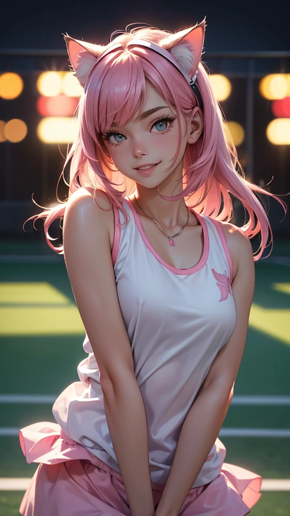 (high resolution, upper body, soft skin:1.2),(best illustration,masterpiece:1.2),ultra-detailed,[(cat ears ,pink inside:1.2),vivid colors,sharp focus,portrait,studio lighting,bokeh, wearing a tennis uniform, tennis courts background, dusk, full body portrait, smiling, 