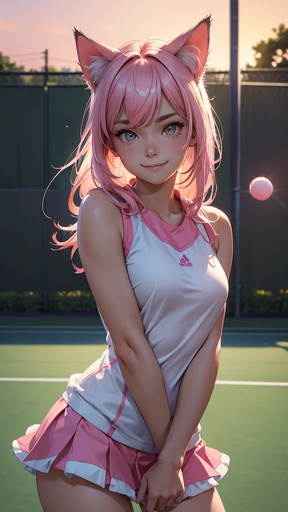 (high resolution, upper body, soft skin:1.2),(best illustration,masterpiece:1.2),ultra-detailed,[(cat ears ,pink inside:1.2),vivid colors,sharp focus,portrait,studio lighting,bokeh, wearing a tennis uniform, tennis courts background, dusk, full body portrait, smiling, 