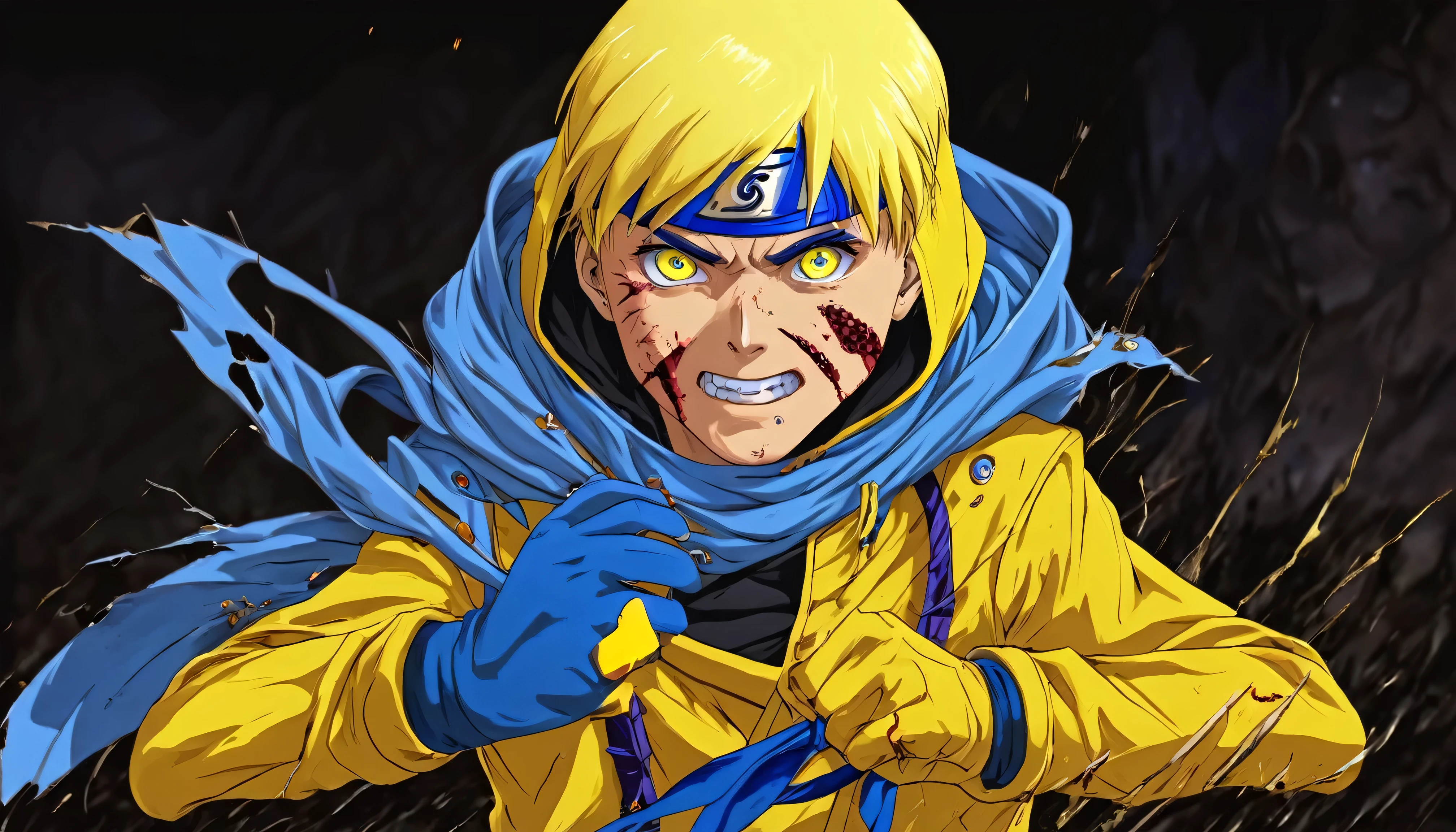 smile, Blood_Skeletor, Bright Eyes, One boy, uzumaki naruto, Blonde, Yellow clothes, Finding, Finding, Battle Damage, alone, Torn clothes, Serious expression, Very detailed, anime, High resolution, masterpiece, drawing, 8k, Professional, Symmetric, (Fine grain, Iris of the eye:0.5), (looking at the camera:0.8), blue eyes, Yellow Hair, spark, raise