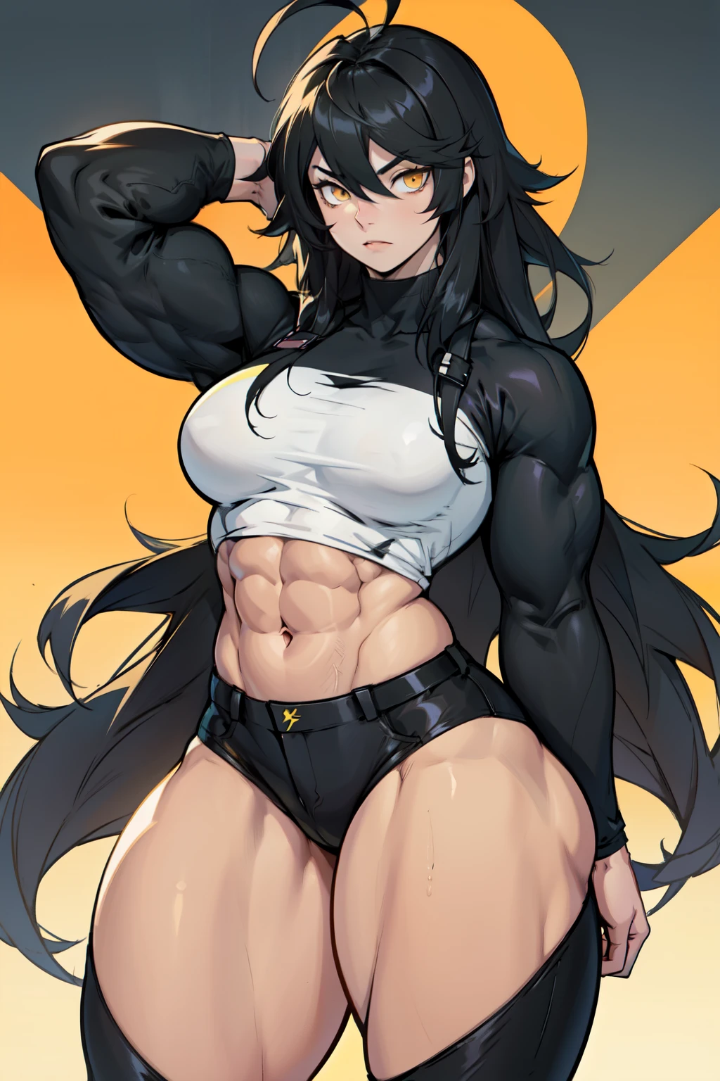 girl ((((muscular 1girl)))) ((((thick thighs toned body)))) (pale skin) black hair yellow eyes very long hair long sleeve tight t-shirt tight pants (ahoge straight hair)