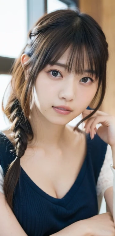 masterpiece、highest quality、8k,Ultra-high resolution、RAW Photos、Ultra-high resolution、日本people々々、beautiful girl、1people、woman, (Flower Hair Ornaments,Braided top knot,Twisted Side Part Ponytail Braided Headband,Half Up、Braided Space Van,Voluminous fishtail braid,Twisted pan),(Asymmetrical bangs)、 (Ultra-realistic),Round face、 Beautiful and beautiful eyes, Lifted eyes、Big eyes、double eyelid、Thin eyebrows、Red around the eyes、dolly make、Thin lips, (Loose see-through blouse(beige color))、(knit micro mini skirt(Navy blue)), A kind smile, Professional photography, Cinematic Light, (Very beautiful face: 1.2),(Large Breasts:1.4)、Cleavage、Voluptuous thighs、Head to knee photo