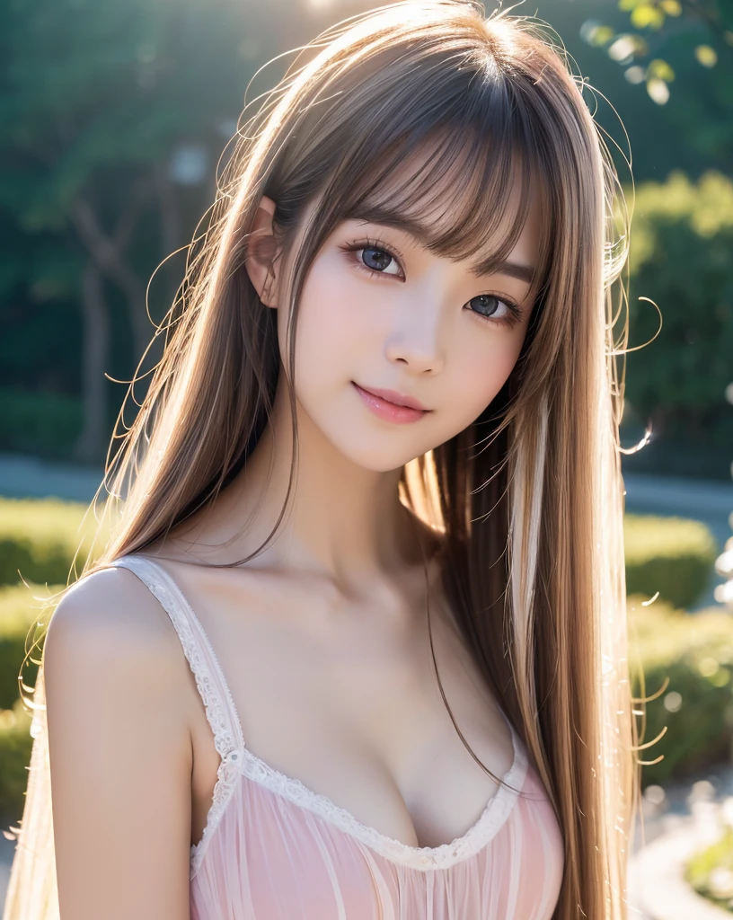 (highest quality, 32k, High resolution, masterpiece:1.5, ), A haunting fantasy photograph in an abstract style, ((In a swirl of fantastic pastel colors and soft light)), Evoking a sense of calm and elusive beauty, Expressing emotions, Have a rich imagination, Cute Japanese Girls, An exceptionally beautiful face, ((whole body)), Perfect Human Anatomy, Magical big eyes, A kind smile, motherhood and tolerance, ((Shiny platinum brown super straight long hair)), Beautifully styled, thin and delicate hair, Beautiful asymmetrical bangs, Hair between the eyes, Transparent and soft skin, Neat, thin eyebrows, double eyelid, Pale pink lips, ((Red see-through transparent camisole,)), White Museum, High resolutionの完璧な鎖骨, High resolutionの美しい胸元, Slender body with ample breasts, High resolutionの美しい太もも, Soft sunlight, Professional Lighting, Professional Photographer, Professional Model,mysterious