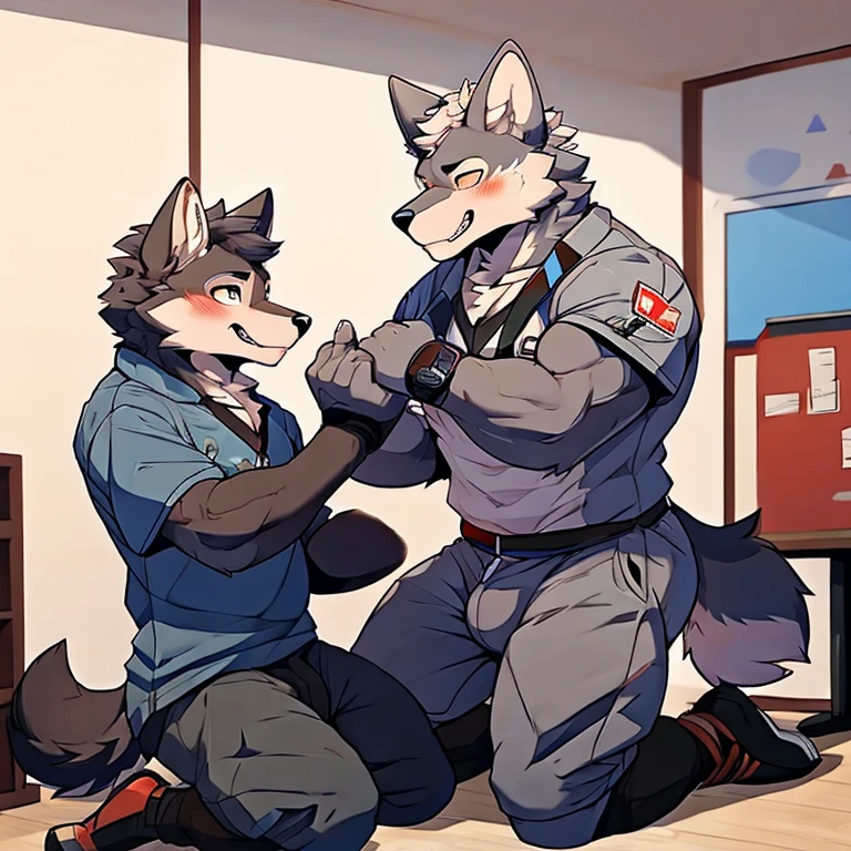 man，Gray wolf，physical examination，Blushing，the strong，Kneeling，Crotch bulge