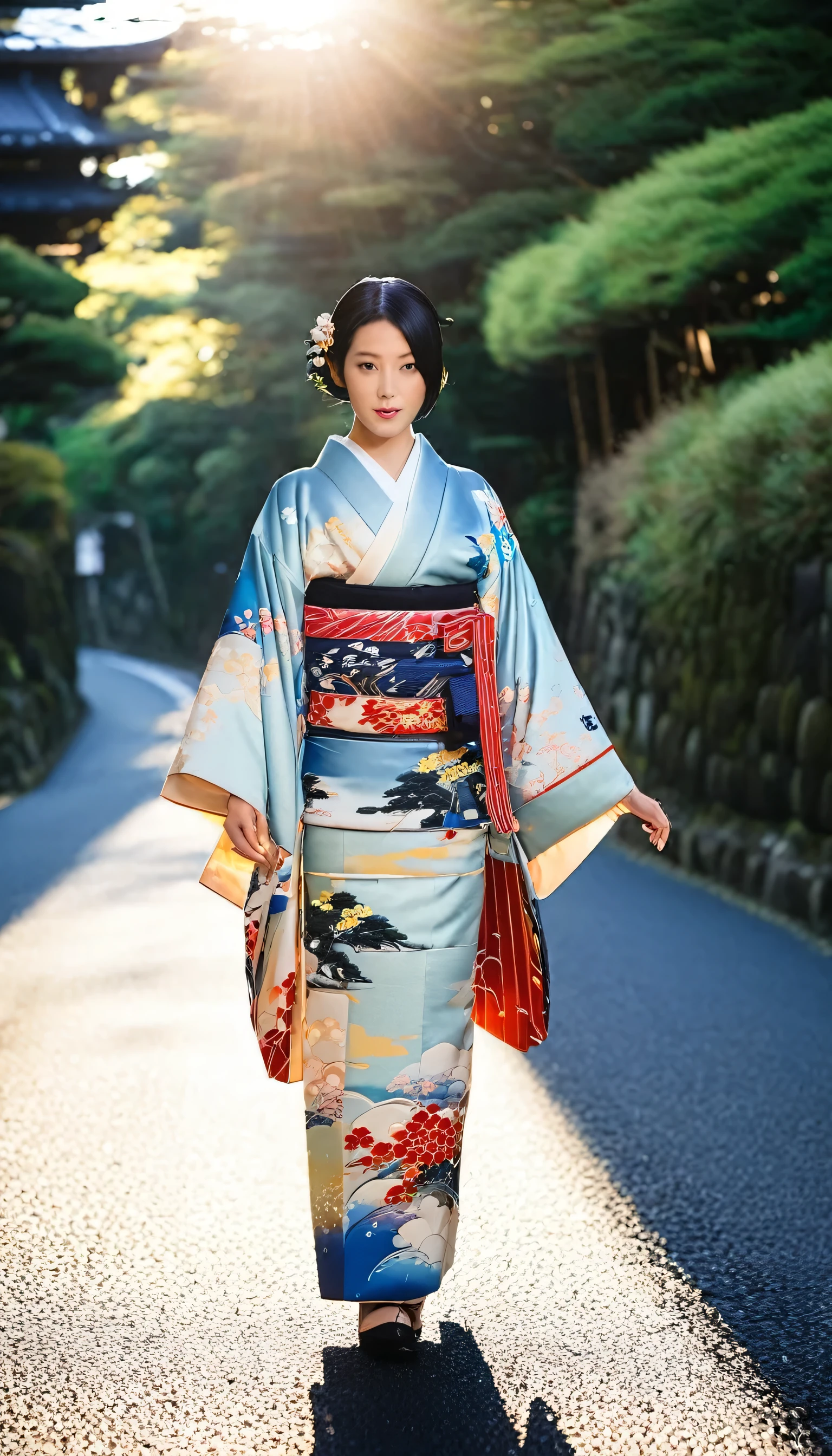 30-year-old Japanese supermodel girl，black hair，Ukiyo-e kimono，Japanese road background，A ray of light，beautiful facial lighting，big deal，Photographed by Yui Aragaki，6 o&#39;clock&#39;bell