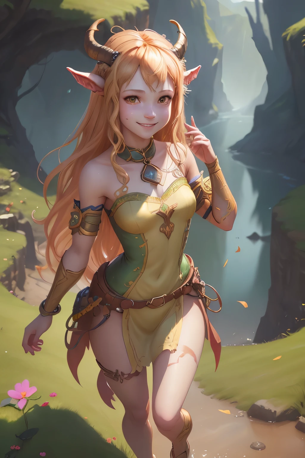 solo, mare,confident, grin, looking at viewermagic,coloful,cute,pretty,masterpiece,4k,beautiful,detailed,smile,feminine,thin,faun, girl,blond haired girl with horns and green leaves on her head, detailed digital,loish and wlop, cute detailed digital art, adorable digital painting, digital illustration, fanart best artstation, inspired by WLOP, artwork, hyperdetailed fantasy character,full body,satiro