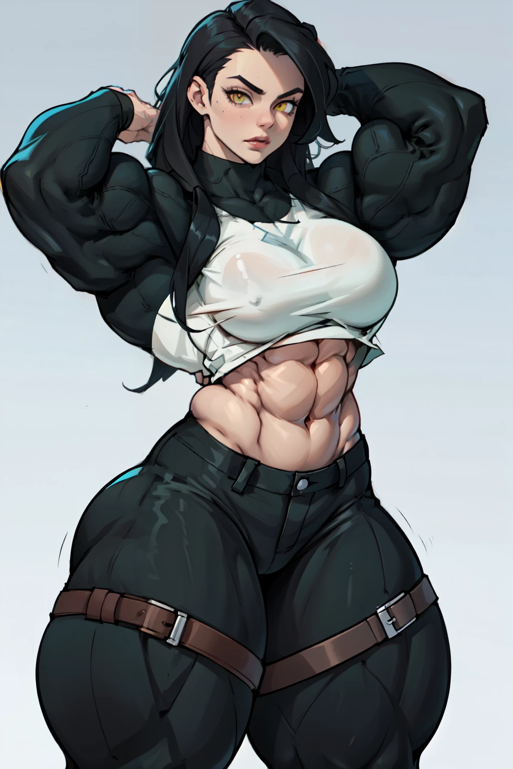 girl ((((muscular 1girl)))) ((((thick thighs toned body)))) (pale skin) black hair yellow eyes very long hair long sleeve tight t-shirt tight pants (straight hair)