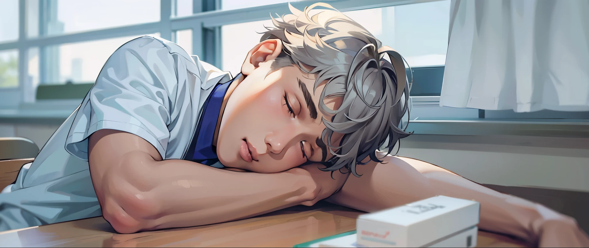 There is a 16-year-old boy with short gray hair asleep on his high school desk in a white short-sleeved shirt.