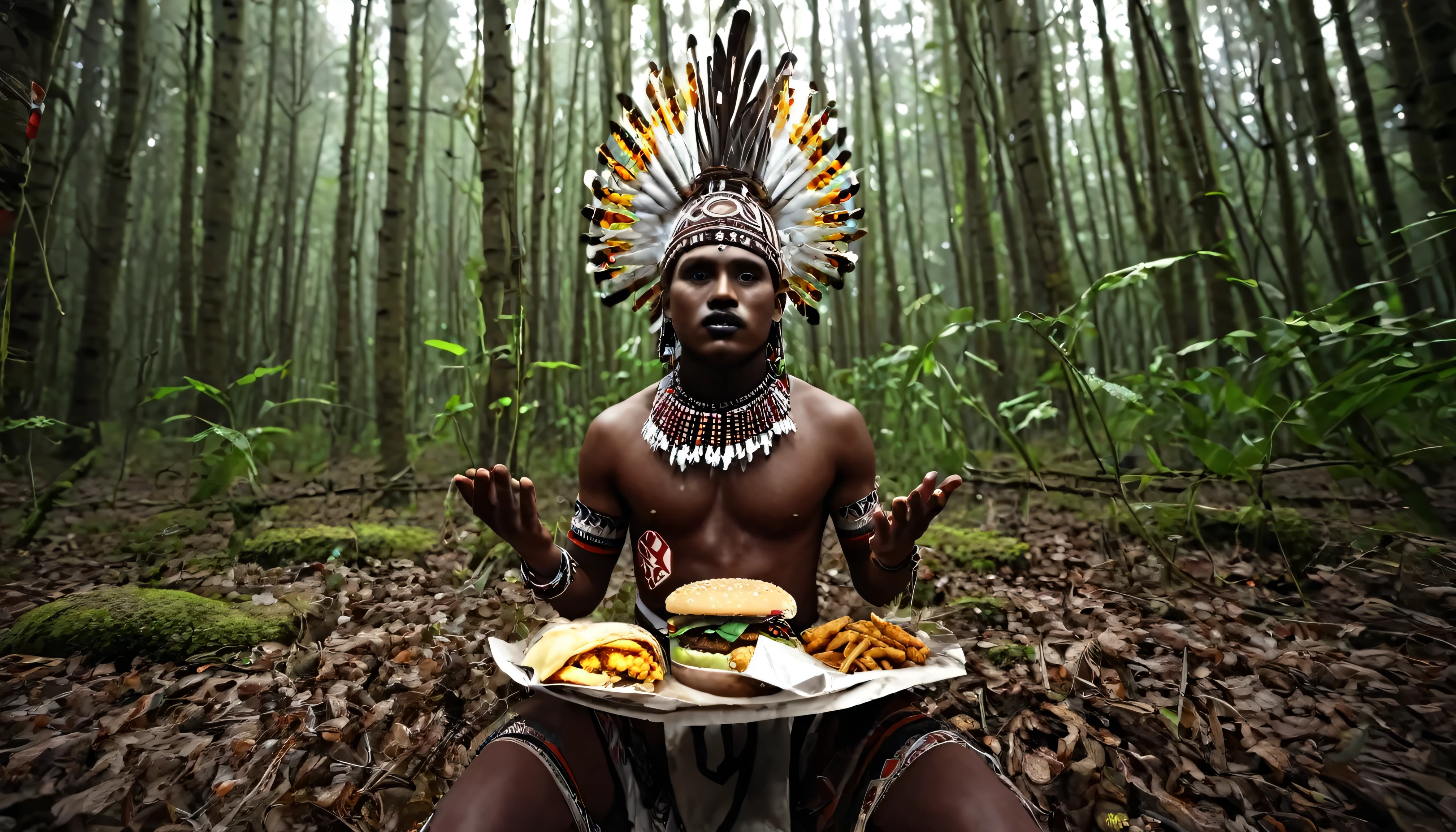 (highest quality), (Super quality), (masterpiece), figure, (Young people), in the forest, Shaman, Dark Skin, wearing Shaman's decoration, pray,There is a huge KFC hamburger in front of me.,