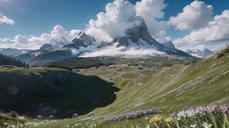 summer, meadows, several small flowers, Population, Mini City , Heavens, big clouds, blue sky, hot weather, HD detail, Wet watermark, hyper detail, cinematic, surrealism, soft light, deep focus, hips, distant view - snow-capped mountains, ray tracing, and surrealism. --v6