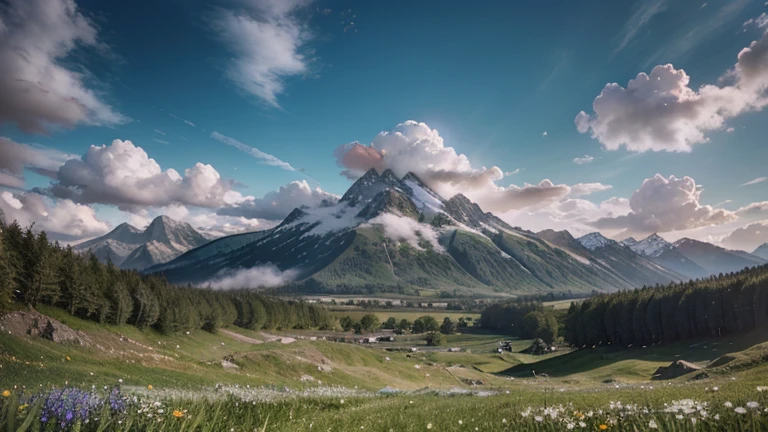 summer, meadows, several small flowers, Population, Mini City , Heavens, big clouds, blue sky, hot weather, HD detail, Wet watermark, hyper detail, cinematic, surrealism, soft light, deep focus, hips, distant view - snow-capped mountains, ray tracing, and surrealism. --v6
