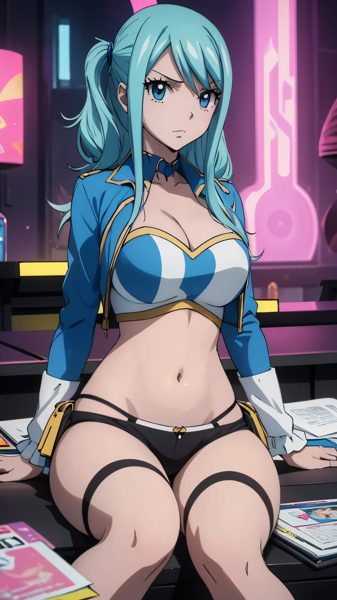 (best quality,highres:1.2),ultra-detailed,realistic,photorealistic:1.37,a beautiful girl (Lucy Heartfillia from Fairy Tail) model in a pop style,18 years old,long legs,medium breasts,extremely detailed face (with emphasis on azure eyes),wearing tight-fitting clothes (exposing the stomach),sitting in a perfect split pose,illustration,colorful pop art style,dynamic lighting,neon colors