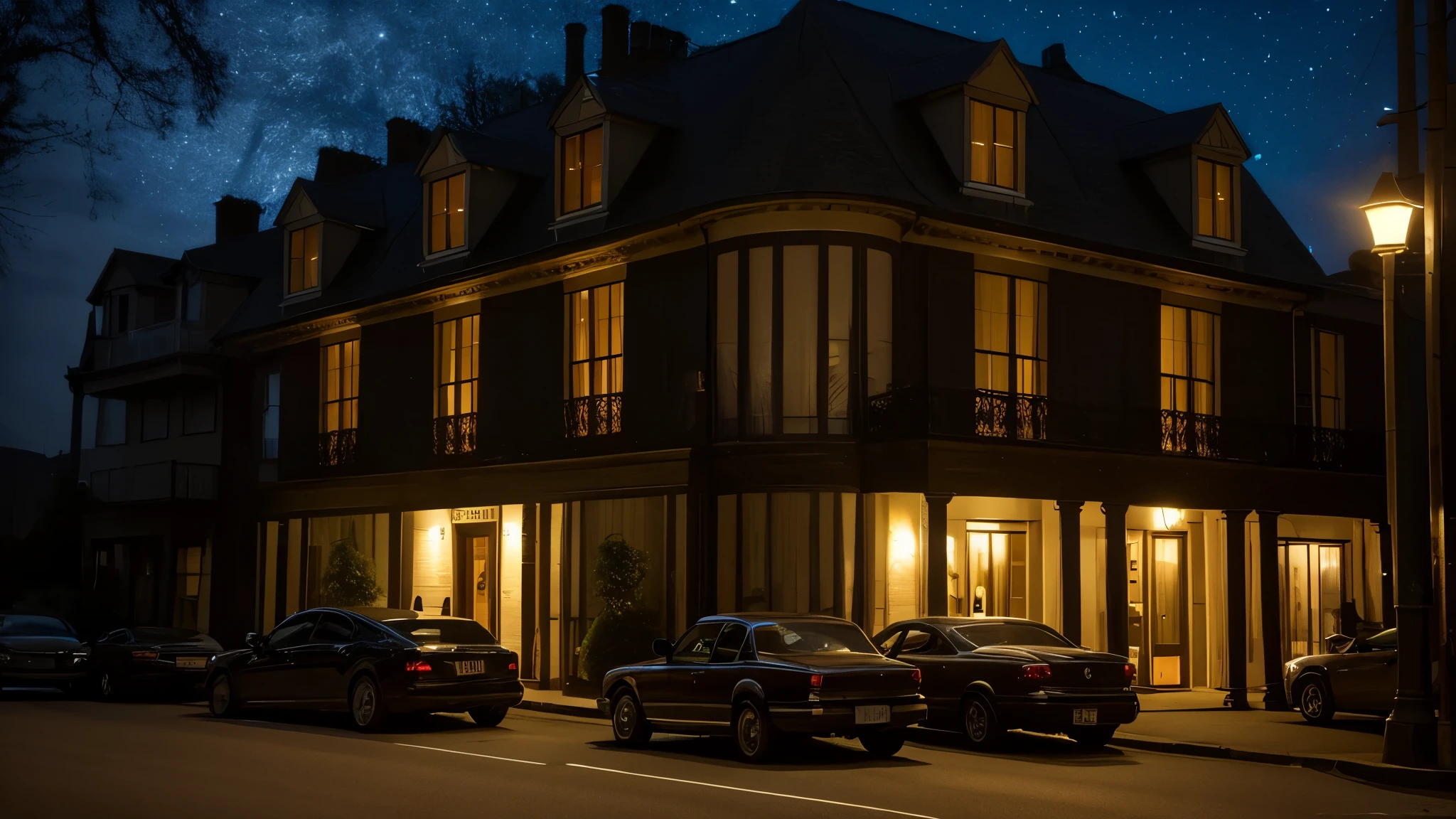 haunted hotel with a car parked at night realistic color black and yellow
