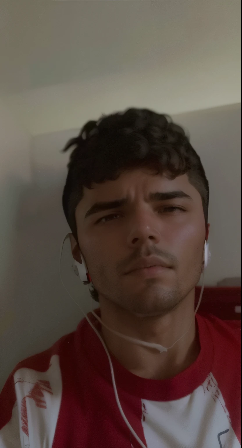 Miguel is in his room, sitting in his gaming chair com um computer in front of him. He's wearing headphones and holding a joystick, com um "League of Legends" tela no monitor em segundo plano. Your eyes are focused on the screen, and your face conveys emotion as you play