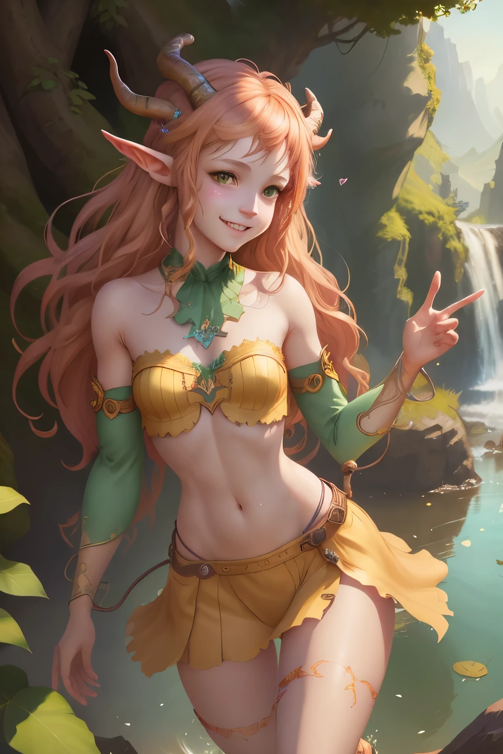 solo, mare,confident, grin, looking at viewermagic,coloful,cute,pretty,masterpiece,4k,beautiful,detailed,smile,feminine,thin,faun, girl,blond haired girl with horns and green leaves on her head, detailed digital,loish and wlop, cute detailed digital art, adorable digital painting, digital illustration, fanart best artstation, inspired by WLOP, artwork, hyperdetailed fantasy character,full body,satiro legs