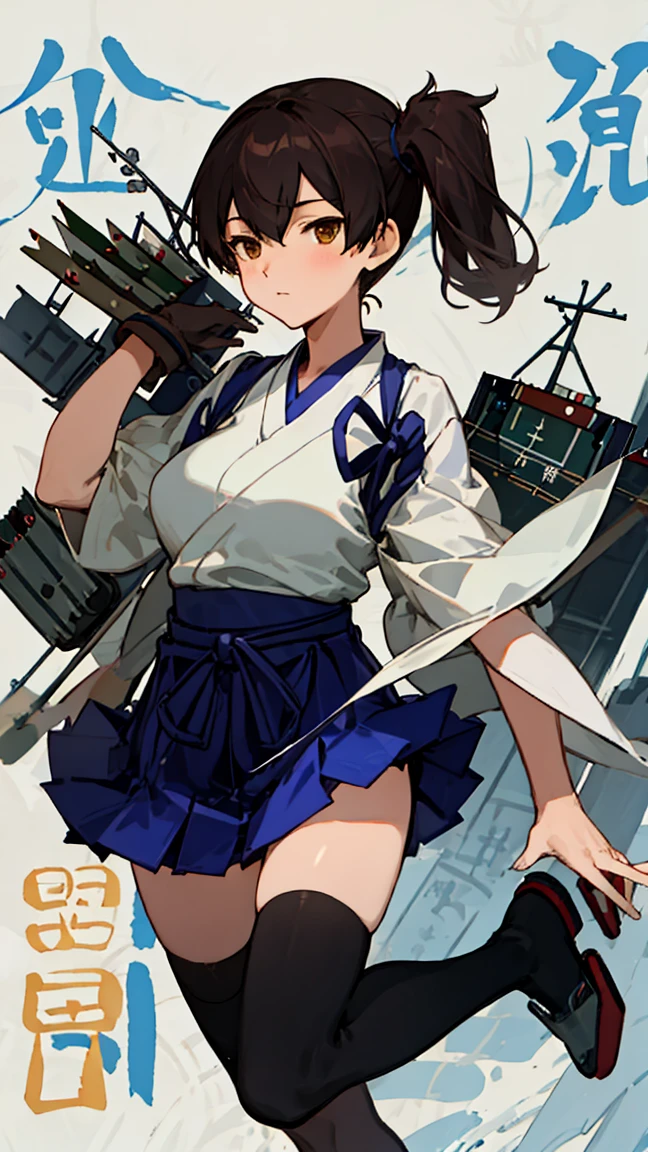 (masterpiece, highest quality) detailed, wear black tights, kaga (kancolle), {{kaga kai ni (kancolle)}}, side ponytail, brown eyes, black long hair, black thighhighs, short skirt, hakama skirt, japanese clothes, , blue hakama, hakama, muneate, tasuki, ,whole body,Chinese element pattern,thigh,漏出thigh,