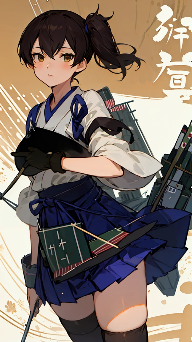 (masterpiece, highest quality) detailed, wear black tights, kaga (kancolle), {{kaga kai ni (kancolle)}}, side ponytail, brown eyes, black long hair, black thighhighs, short skirt, hakama skirt, japanese clothes, , blue hakama, hakama, muneate, tasuki, ，whole body，Chinese element pattern，thigh，漏出thigh，