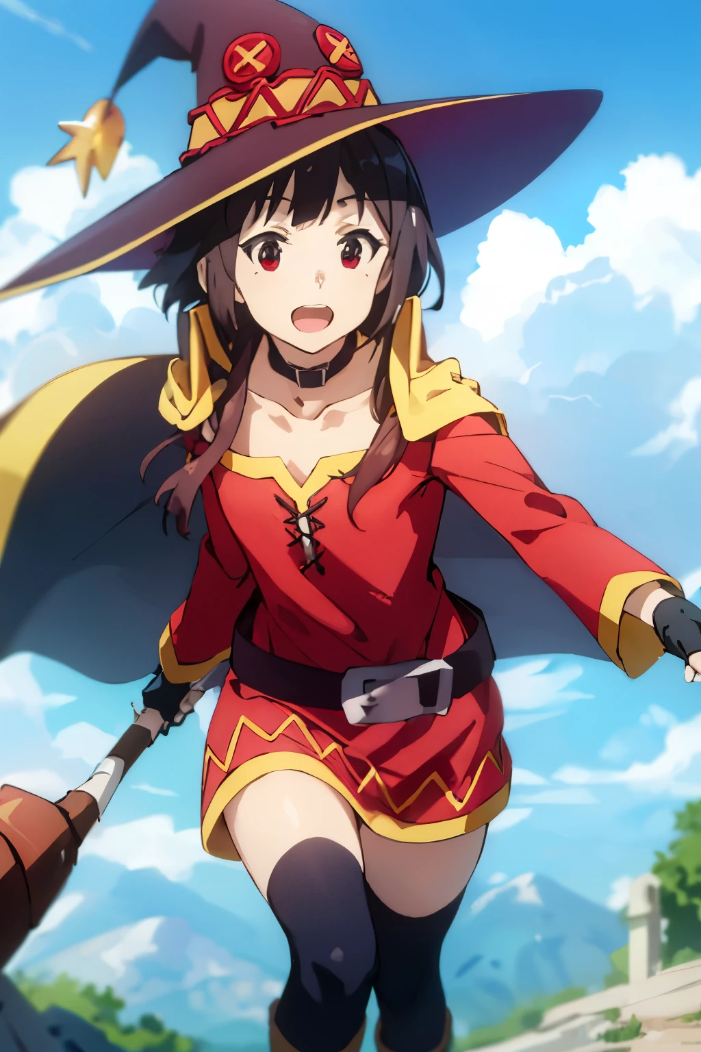 ((highest quality)),((Very detailed)),masterpiece,Absurd,Detailed face,Beautiful Face,(Fine grain, Deep Eyes),One girl,((Dynamic pose))  Megumin, Brown Hair, Have, witch Have, alone, Knee socks, staff, gloves, fingerless gloves, Cape, Red eyes, dress, black Knee socks, シングルKnee socks, belt, bandage, short hair with long locks, short hair, bandageを巻いた足, View your viewers, collar, red dress, black gloves, Open your mouth, Holding, Asymmetrical legwear, smile, Holding staff, Day, null, choker, Outdoor, Mismatched legwear, cloud, collarbone, Mismatched legwear, Are standing, short dress, blue null