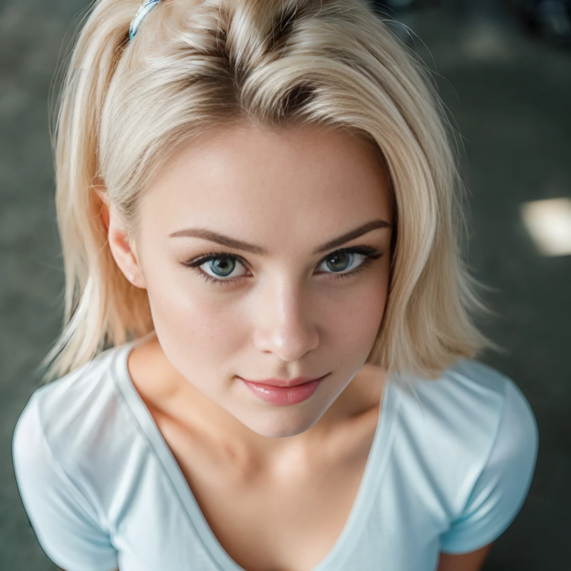 (selfie, top view: 1.4), (straight half of the body: 1.4), RAW UHD portrait photo of a 24-year-old blonde (light blue-eyed woman) working out in gym, full body , lifting weight in gym (white crew neck t-shirt skirt), (neckline), details (textures! , hair! , glitter, color!! , disadvantages: 1.1), glossy eyes with high detail (looking at the camera), SLR lighting, SLR camera, ultra-quality, sharpness, depth of field, film grain (center), Fujifilm XT3, crystal clear, frame center, beautiful face, sharp focusdetailed skin pores, oily skin, sunburn, complex eye details, full body, large breasts