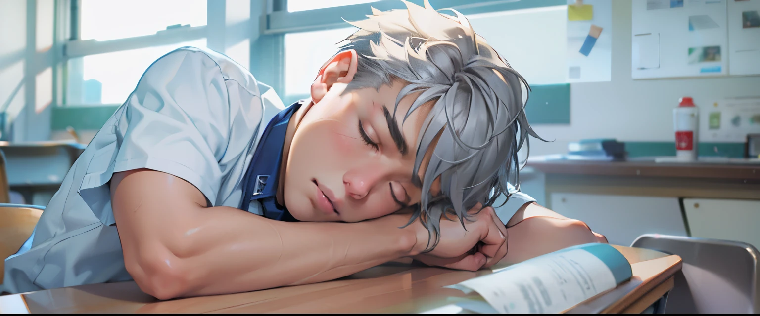 There is a boy with short gray hair asleep on his high school desk in a white short-sleeved shirt.