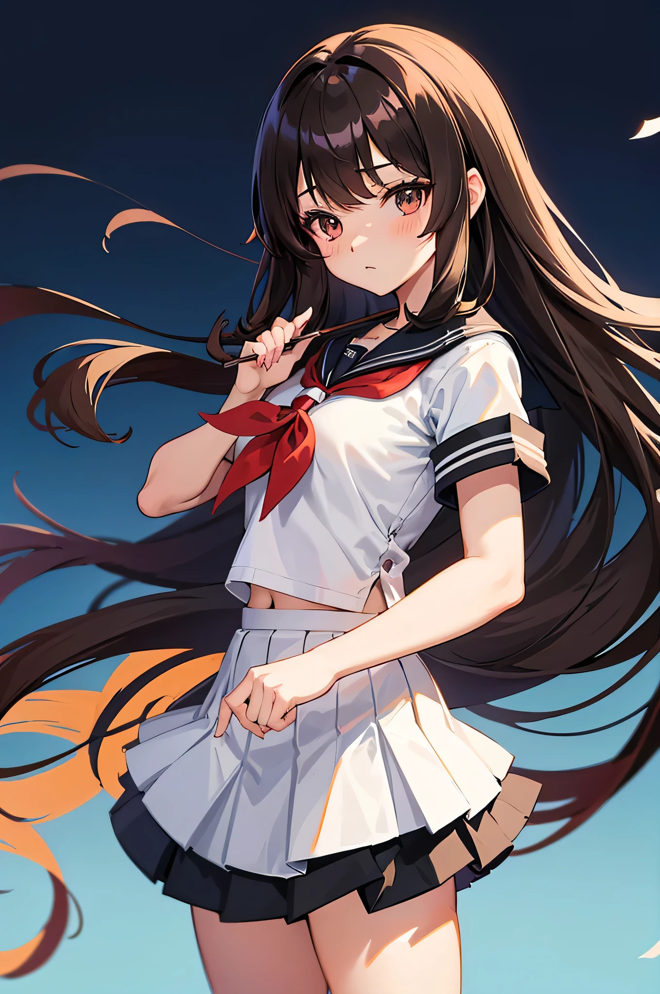 an anime character with long brown tresses and a short skirt in sailor open outfit, holding a bow and arrow, 1girl, solo, sexy short school uniform, sexy serafuku, long hair, black hair, cowboy skirt, looking at viewer, white background, simple background, black serafuku, pleated skirt, blush, low back angle