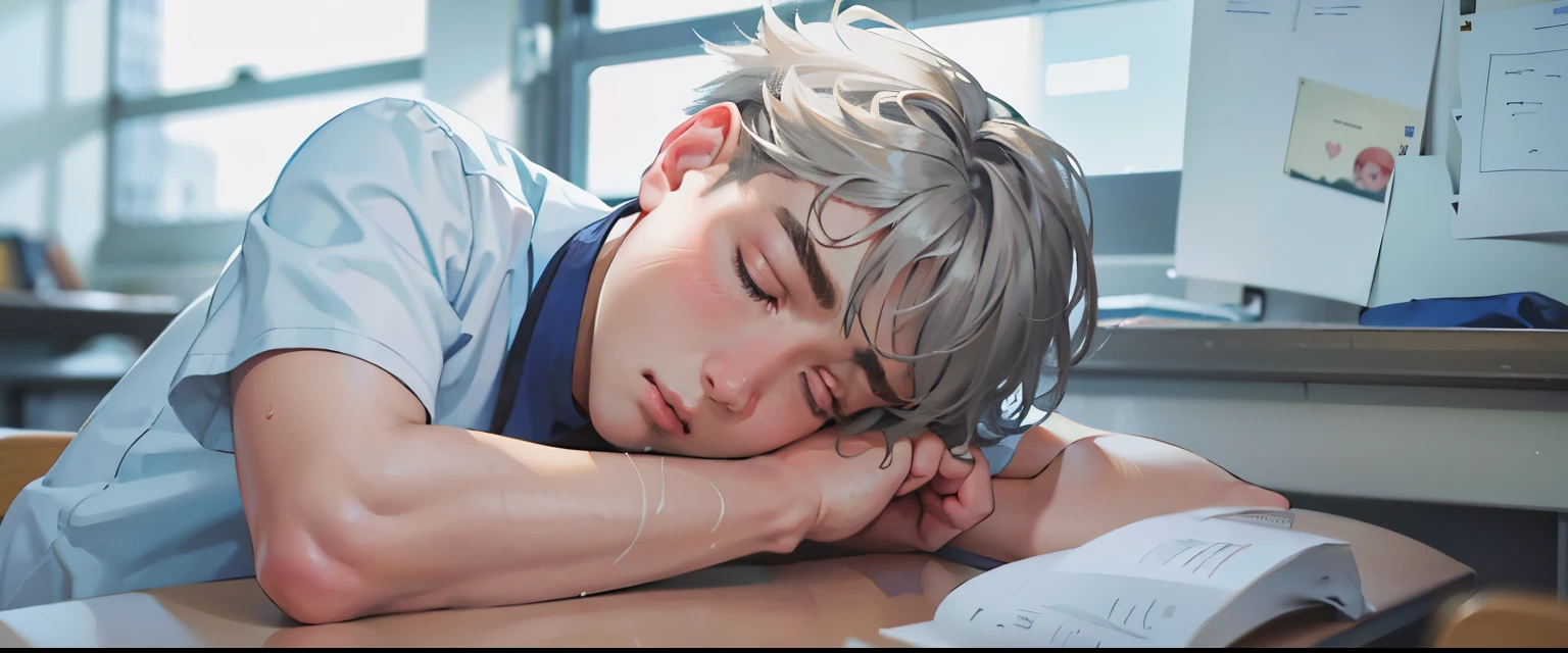 There is an 18-year-old boy with short gray hair asleep on his high school desk in a white short-sleeved shirt.