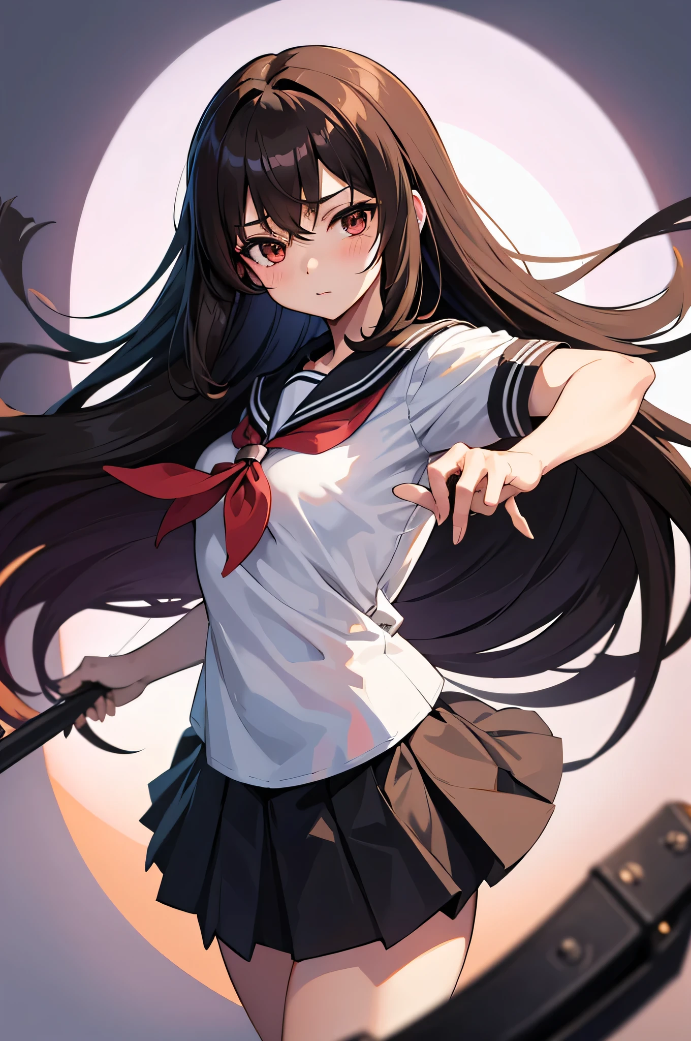 an anime character with long brown tresses and a short skirt in sailor open outfit, holding a bow and arrow, 1girl, solo, sexy short school uniform, sexy serafuku, long hair, black hair, cowboy skirt, looking at viewer, white background, simple background, black serafuku, pleated skirt, blush, low back angle