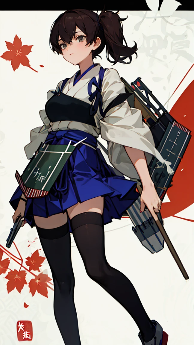 (masterpiece, highest quality) detailed, wear black tights, kaga (kancolle), {{kaga kai ni (kancolle)}}, side ponytail, brown eyes, black long hair, black thighhighs, short skirt, hakama skirt, japanese clothes, , blue hakama, hakama, muneate, tasuki, ，whole body，Chinese element pattern，thigh，漏出thigh，