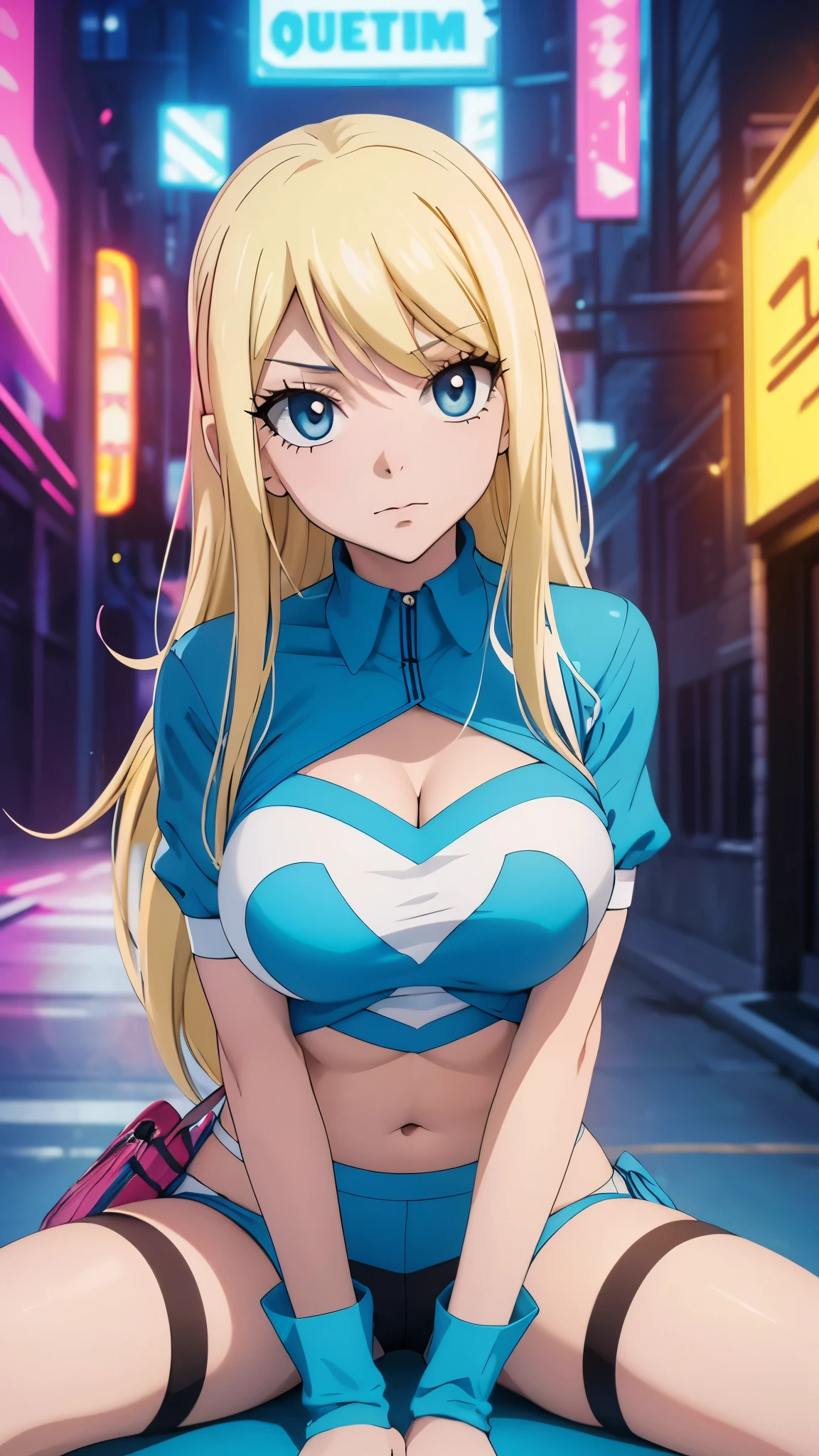 (best quality,highres:1.2),ultra-detailed,realistic,photorealistic:1.37,a beautiful girl (Lucy Heartfillia from Fairy Tail) model in a pop style,18 years old,long legs,medium breasts,extremely detailed face (with emphasis on azure eyes),wearing tight-fitting clothes (exposing the stomach),sitting in a perfect split pose,illustration,colorful pop art style,dynamic lighting,neon colors