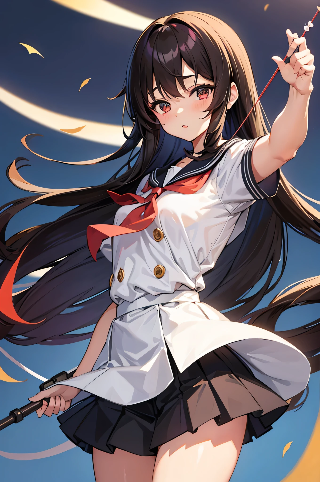 an anime character with long brown tresses and a short skirt in sailor open outfit, holding a bow and arrow, 1girl, solo, sexy short school uniform, sexy serafuku, long hair, black hair, cowboy skirt, looking at viewer, white background, simple background, black serafuku, pleated skirt, blush, low back angle, uncensored,50% nude