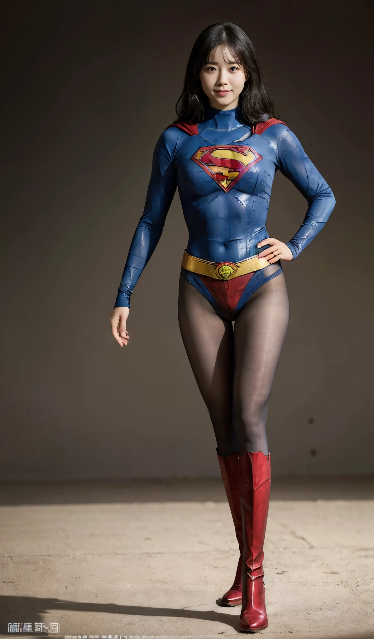 No background、(((Beautiful legs in black tights.)))、(((Legally express the beauty of your smile)))、((((Make the most of your original images)))、(((Supergirl Costume)))、(((Beautiful boyish short hairstyle)))、(((suffering)))、(((Please wear black tights....、Wear red boots)))、((Best image quality、8k))、((highest quality、8k、masterpiece:1.3))、(((Preserve background )))、Sharp focus:1.2、Beautiful woman with perfect figure:1.4、Slim Abs:1.2、Wet body:1.5、Highly detailed face and skin texture、8k