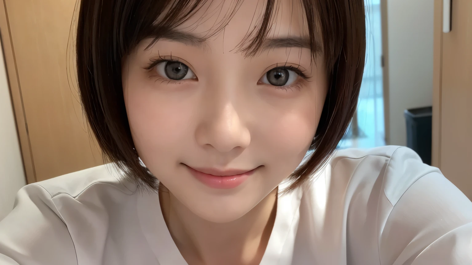 (1 Girl)、(Beautiful Japanese、18years old,round face、Refreshing、clear、seems kind、stylish、Pitiful、cute like an angel、cute、black eyes、,actress,Almond-shaped eyes), Good style , (Beautiful big breasts:1.0),(soft breasts),(very cute),(Black Hair),(short bob hair),(enchanting eyes),(highlight on eyes:1.2)、(8K、Live shooting、highest quality、masterpiece:1.2、optimal lighting)、((masterpiece)),(Photo taken by a professional photographer),(real、photo real:1.4),break,{ (White nurse costume),(((taraditional nurse uniform))),(White nurse mini skirt),(( pantyhose)),(cleavage:0.7)},(Smile),(cheeks are red:1.2), break, break,Hospital,Face shot、Hospital corridor、Shy、Face close-up、