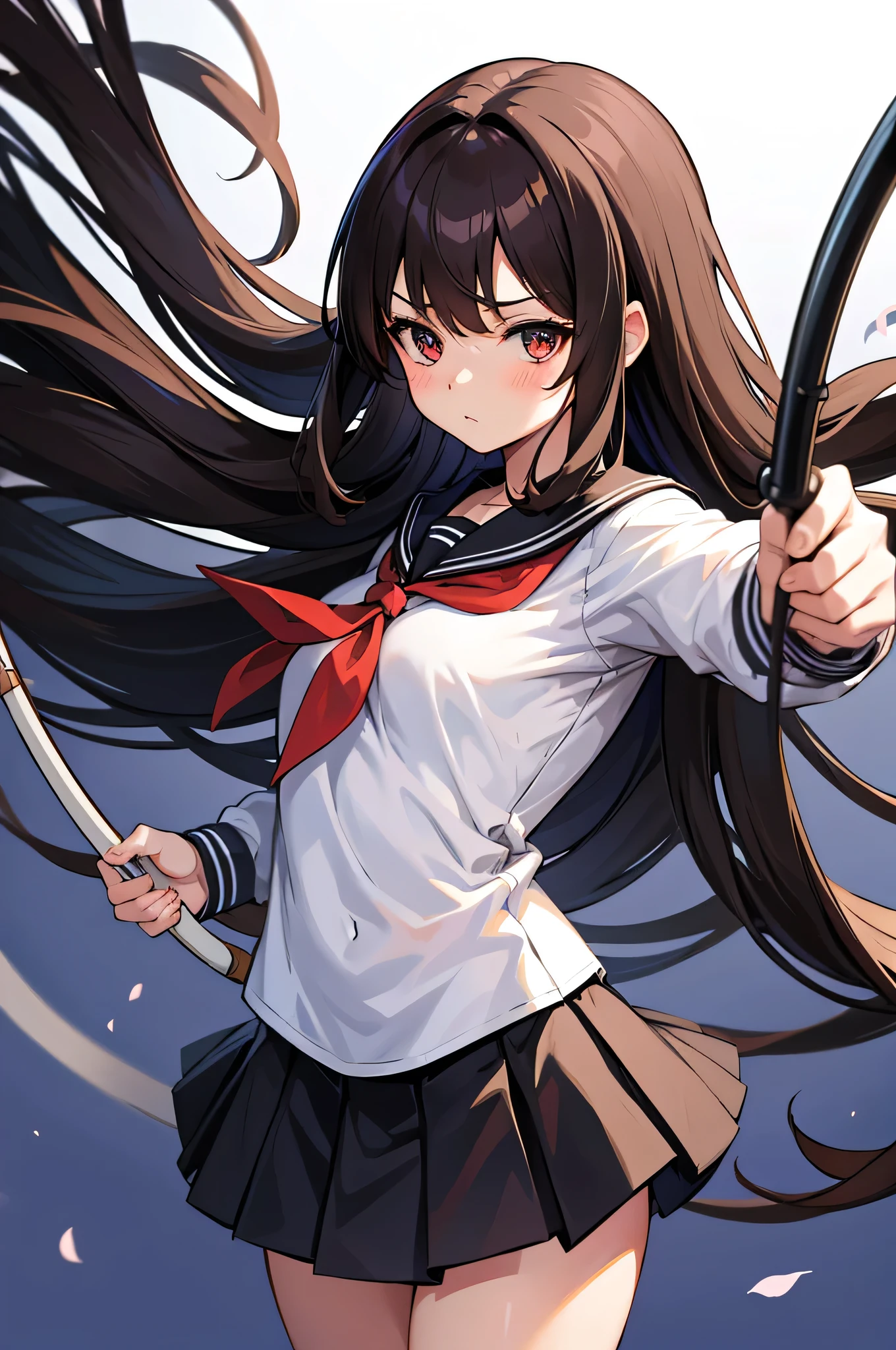 an anime character with long brown tresses and a short miniskirt in sailor very open outfit, holding a bow and arrow, 1girl, solo, lift miniskirt, sexy, very short school uniform, sexy, short serafuku, firm medium breasts, long hair, black hair, cowboy miniskirt, looking at viewer, white background, simple background, black serafuku, pleated skirt, blush, random low angle, uncensored, 70% nude, nsfw, all intricate details