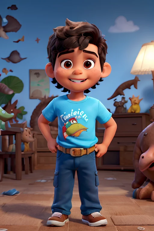 (mejor calidad,realista), jenner 7 boy, cuerpo gordito, mejillas redondas, dark brown eyes, blue pants, playera de dinosaurios, cabello medio, cabello ondulado