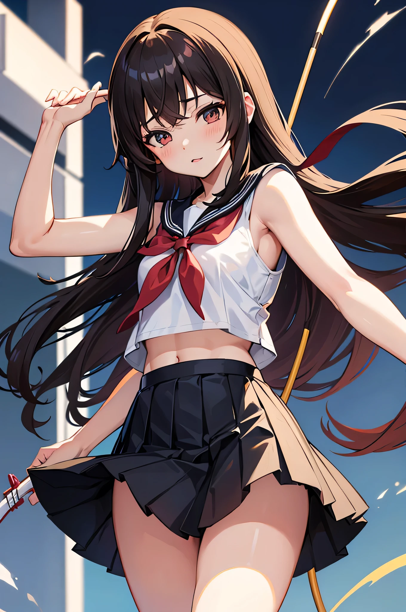 an anime character with long brown tresses and a short skirt in sailor open outfit, holding a bow and arrow, 1girl, solo, sexy short school uniform, sexy serafuku, long hair, black hair, cowboy skirt, looking at viewer, white background, simple background, black serafuku, pleated skirt, blush, low back angle, uncensored,50% nude