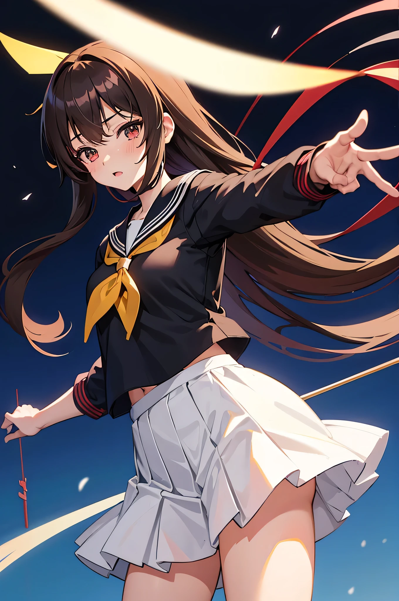 an anime character with long brown tresses and a short skirt in sailor open outfit, holding a bow and arrow, 1girl, solo, sexy short school uniform, sexy serafuku, long hair, black hair, cowboy skirt, looking at viewer, white background, simple background, black serafuku, pleated skirt, blush, low back angle, uncensored,50% nude