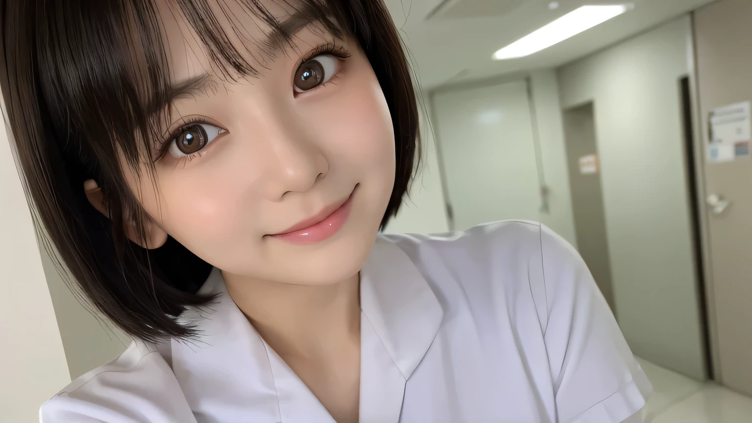(3 Girls)、(Beautiful Japanese、18years old,round face、Refreshing、clear、seems kind、stylish、Pitiful、cute like an angel、cute、black eyes、,actress,Almond-shaped eyes), Good style , (Beautiful big breasts:1.0),(soft breasts),(very cute),(Black Hair),(short bob hair),(enchanting eyes),(highlight on eyes:1.2)、(8K、Live shooting、highest quality、masterpiece:1.2、optimal lighting)、((masterpiece)),(Photo taken by a professional photographer),(real、photo real:1.4),break,{ (White nurse costume),(((taraditional nurse uniform))),(White nurse mini skirt),(( pantyhose)),(cleavage:0.7)},(Smile),(cheeks are red:1.2), break, break,Hospital,Face shot、Hospital corridor、Shy、Face close-up、