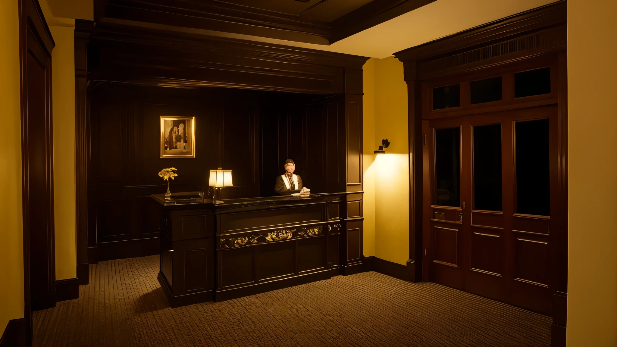 haunted hotel reception at night realistic color black and yellow